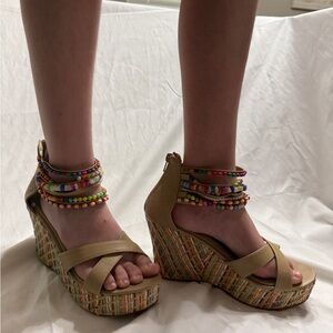Beaded Ankle Strap Platform Wedge Sandals Boho Festival Multicolor Women’s 8.5